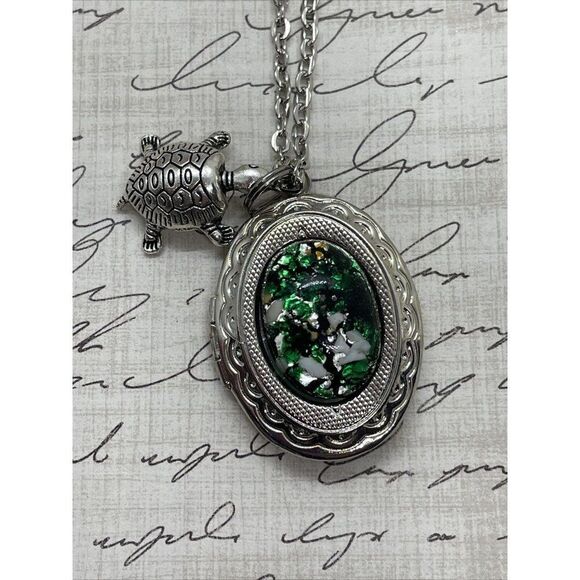 Green Turtle Opal Silver Nautical Beach Mermaid Photo Locket Necklace Valentines - Picture 2 of 16
